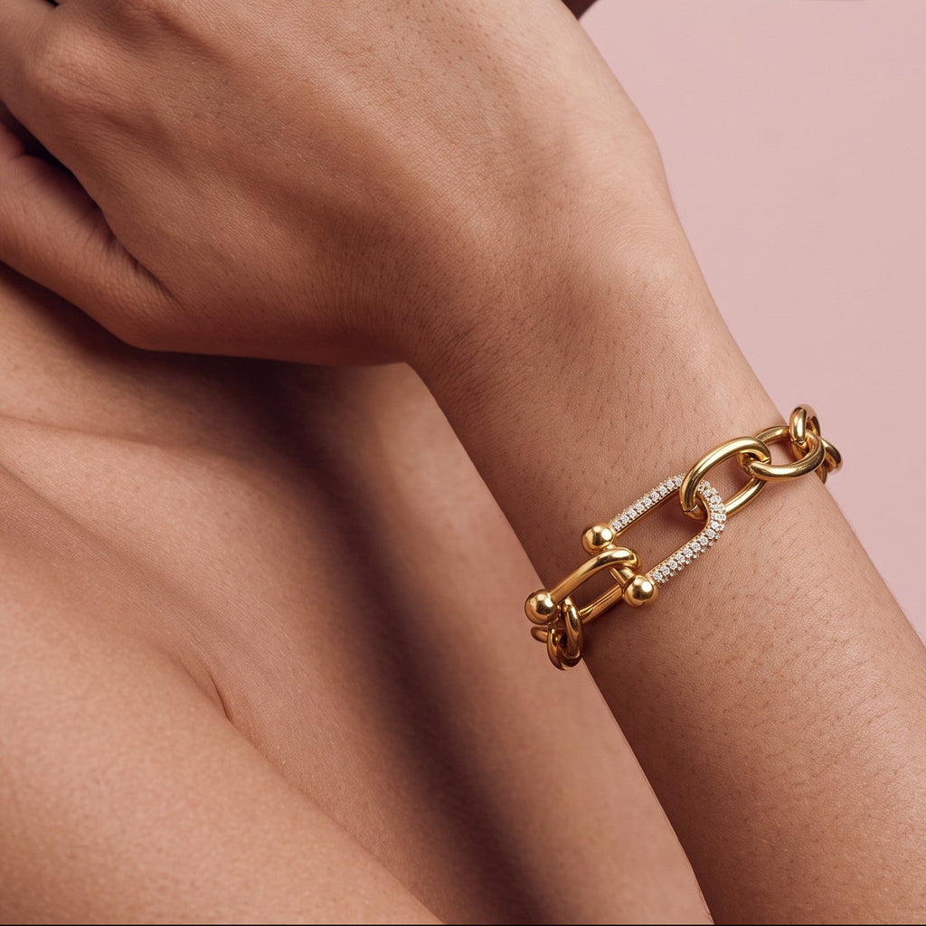 Bracciale Catena con Maglia Centrale e Zirconi In Acciaio Inossidabile