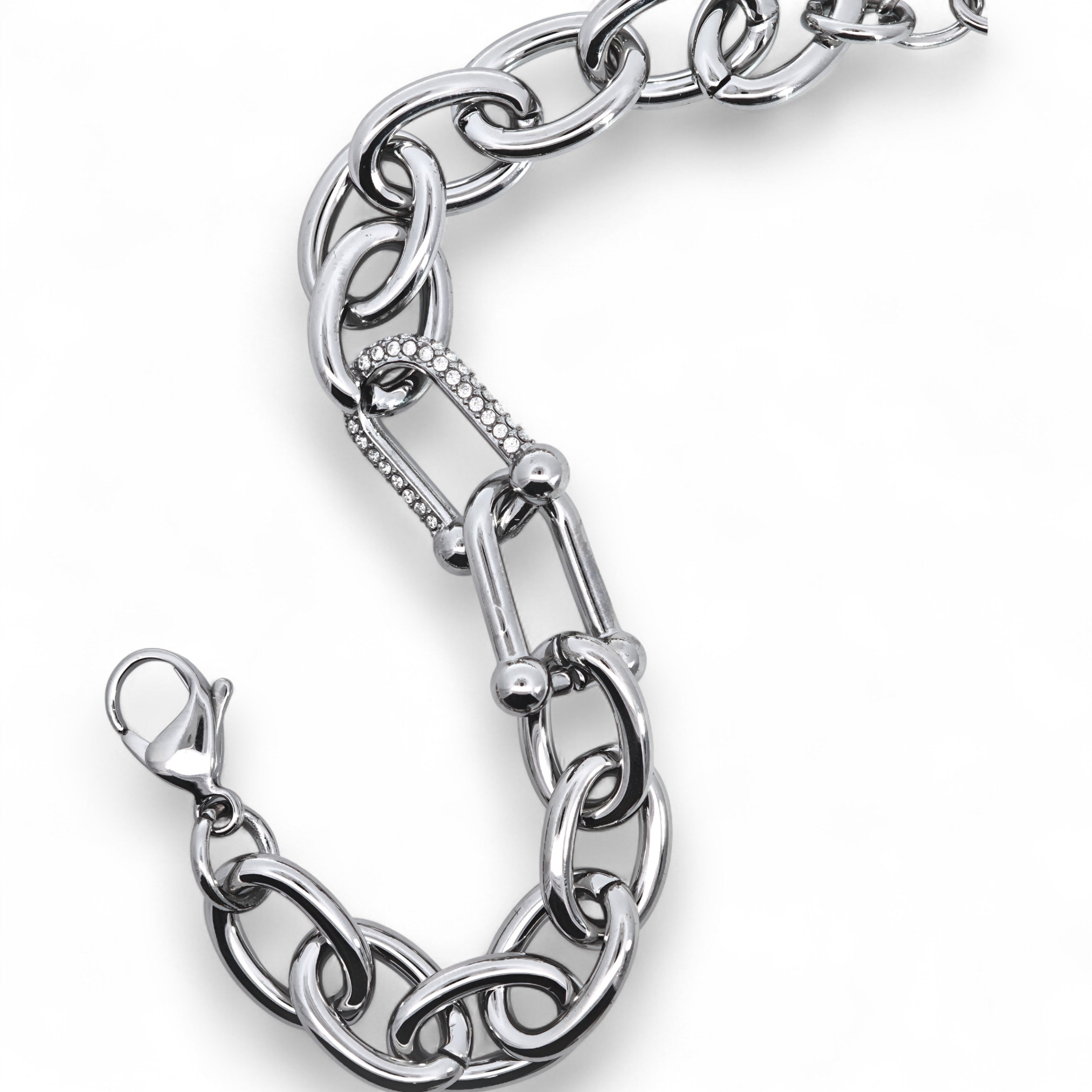 Bracciale Catena con Maglia Centrale e Zirconi In Acciaio Inossidabile