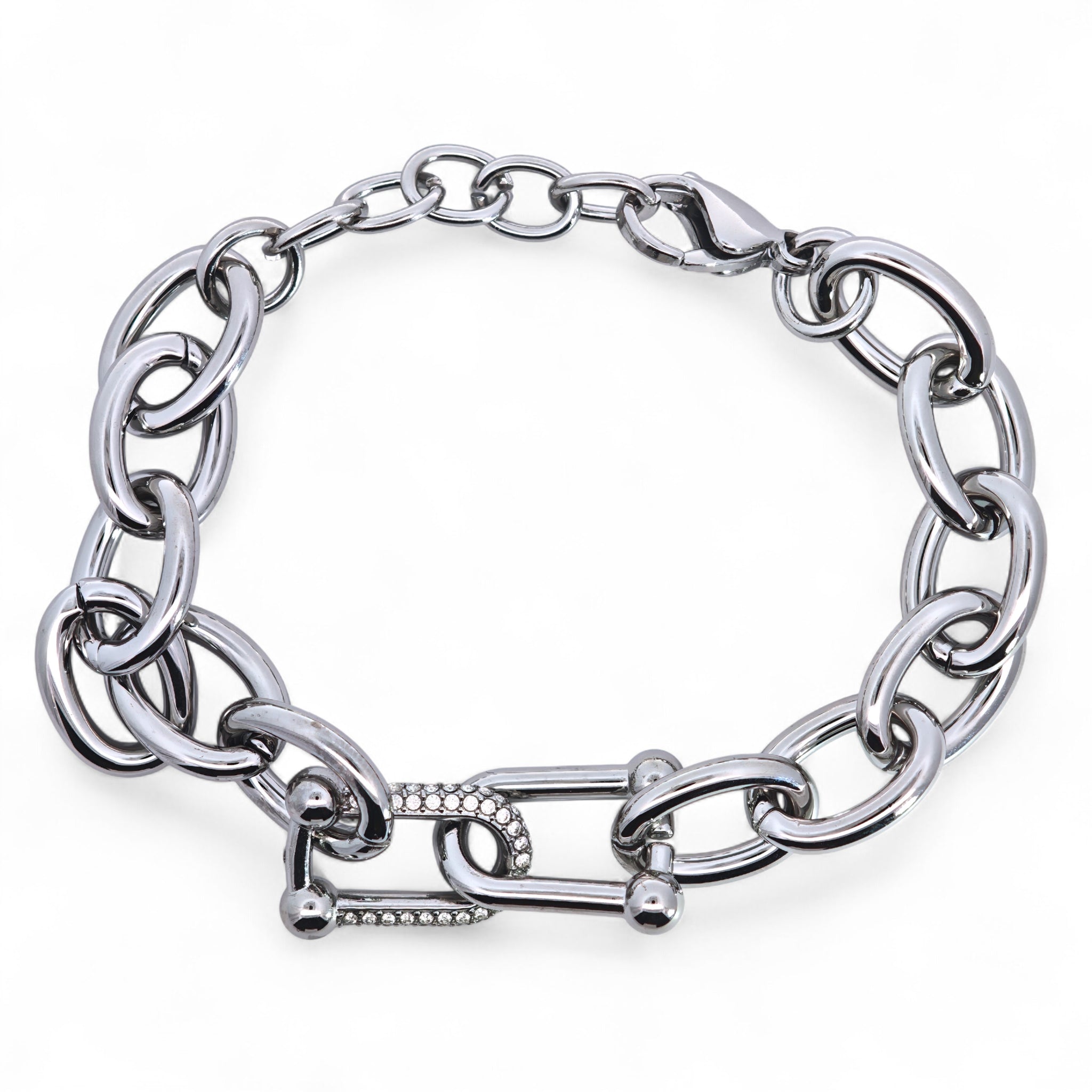 Bracciale Catena con Maglia Centrale e Zirconi in Acciaio Inossidabile