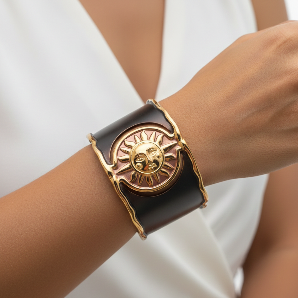 Bracciale a Fascia Largo con Simbolo del Sole in Acciaio Inossidabile