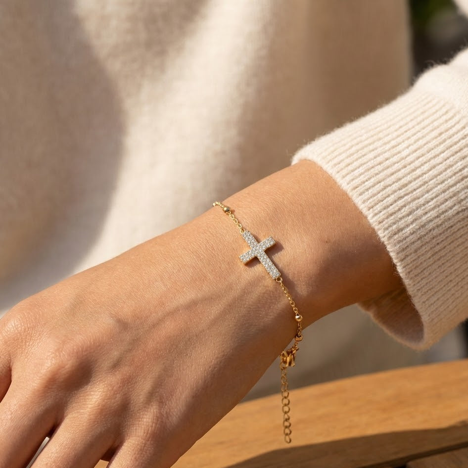 Bracciale Catena con Croce in Pavé In Acciaio Inossidabile