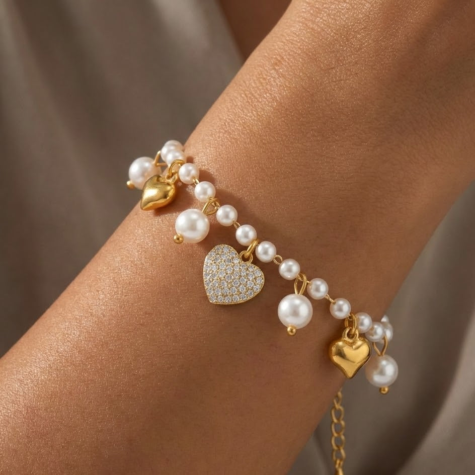 Bracciale Perle e Cuori In Acciaio Inossidabile