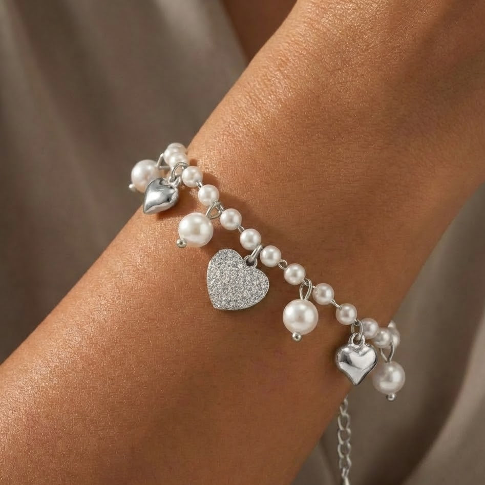 Bracciale Perle e Cuori In Acciaio Inossidabile