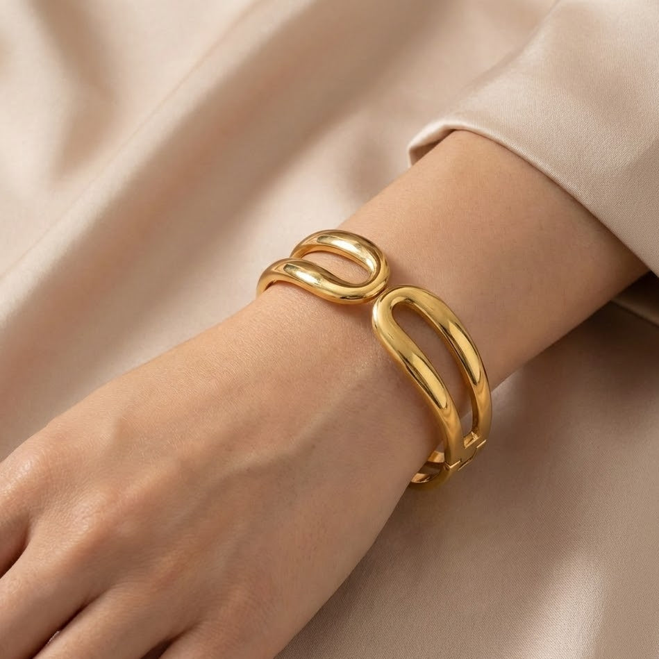 Bracciale Rigido Doppia Fascia con Ovali In Acciaio Inossidabile