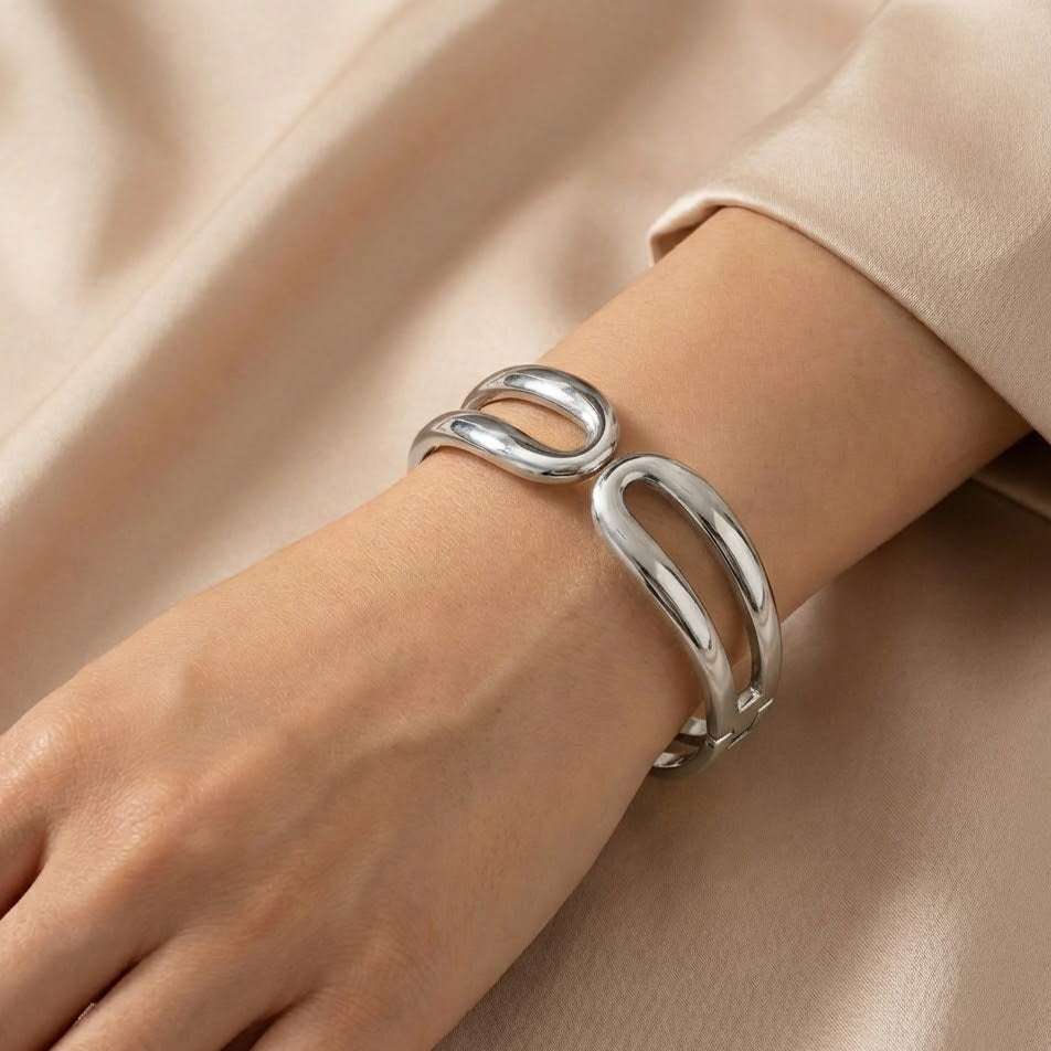 Bracciale Rigido Doppia Fascia con Ovali In Acciaio Inossidabile