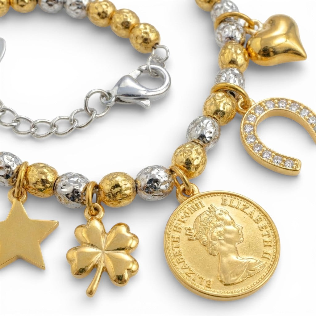 Bracciale Charms Simbolici e Moneta In Acciaio Inossidabile