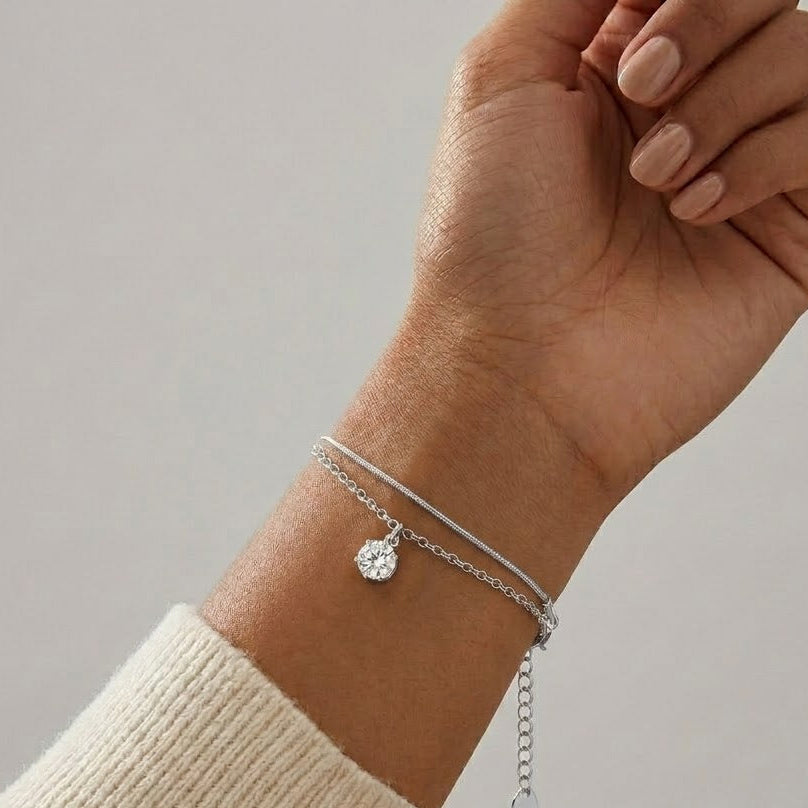 Bracciale Doppio Filo con Zircone Punto Luce In Acciaio Inossidabile