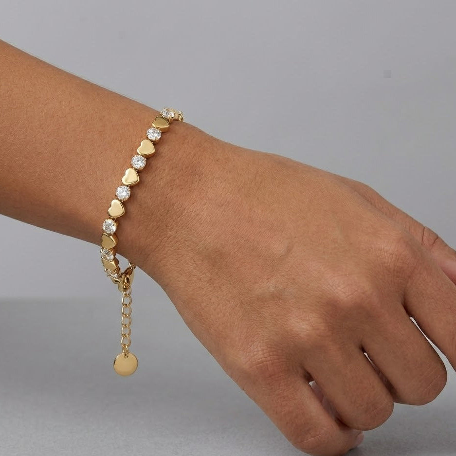 Bracciale Tennis alternato con Cuori e Zirconi In Acciaio Inossidabile