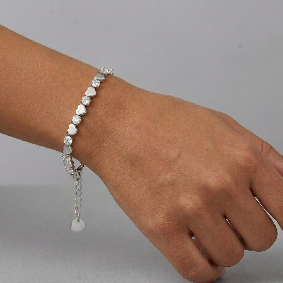 Bracciale Tennis alternato con Cuori e Zirconi In Acciaio Inossidabile