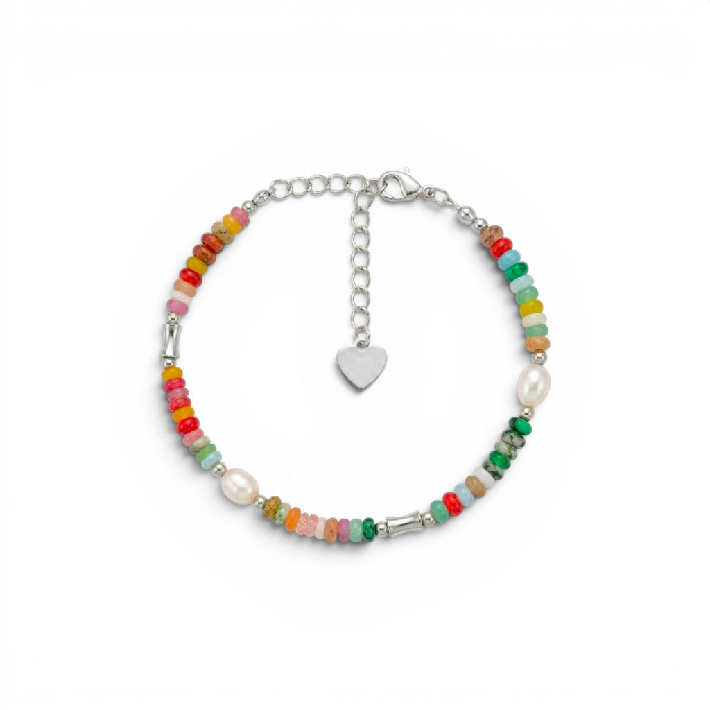 Bracciale con Pietre Multicolore e Perle In Acciaio Inossidabile