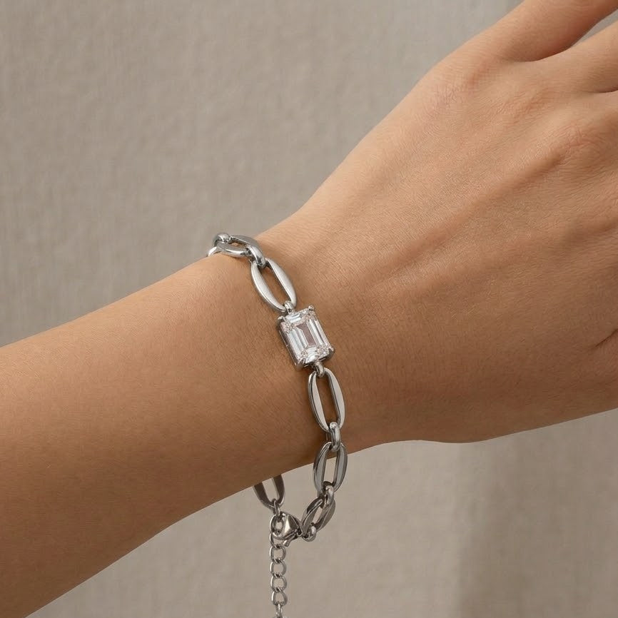 Bracciale Catena Ovale con Zircone Rettangolare In Acciaio Inossidabile