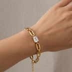 Bracciale Catena Ovale con Zircone Rettangolare In Acciaio Inossidabile