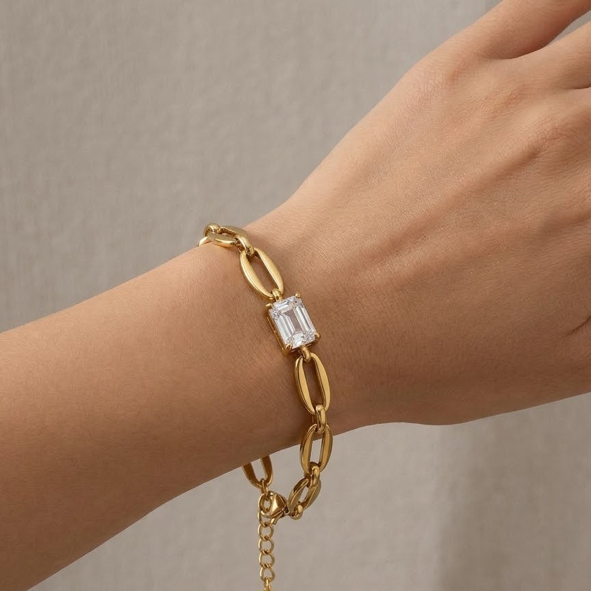 Bracciale Catena Ovale con Zircone Rettangolare In Acciaio Inossidabile