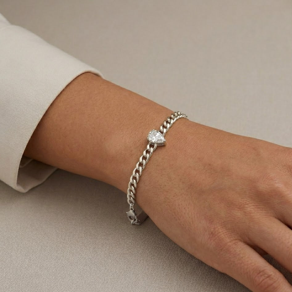 Bracciale Catena Grumetta con Zircone a Goccia In Acciaio Inossidabile