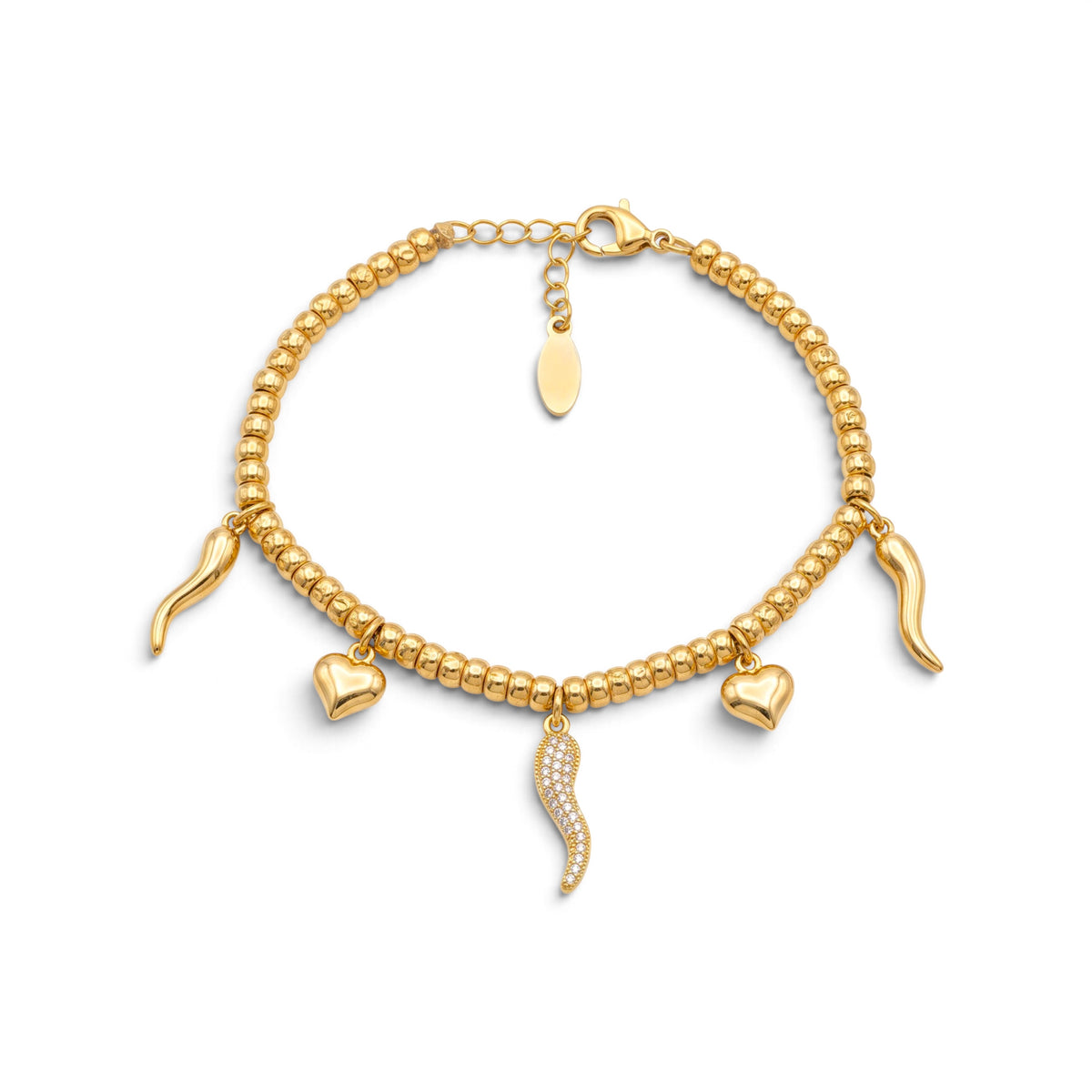Bracciale con Ciondoli Corno Portafortuna e Cuori In Acciaio Inossidabile