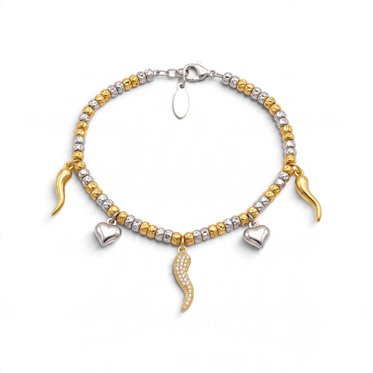 Bracciale con Ciondoli Corno Portafortuna e Cuori In Acciaio Inossidabile