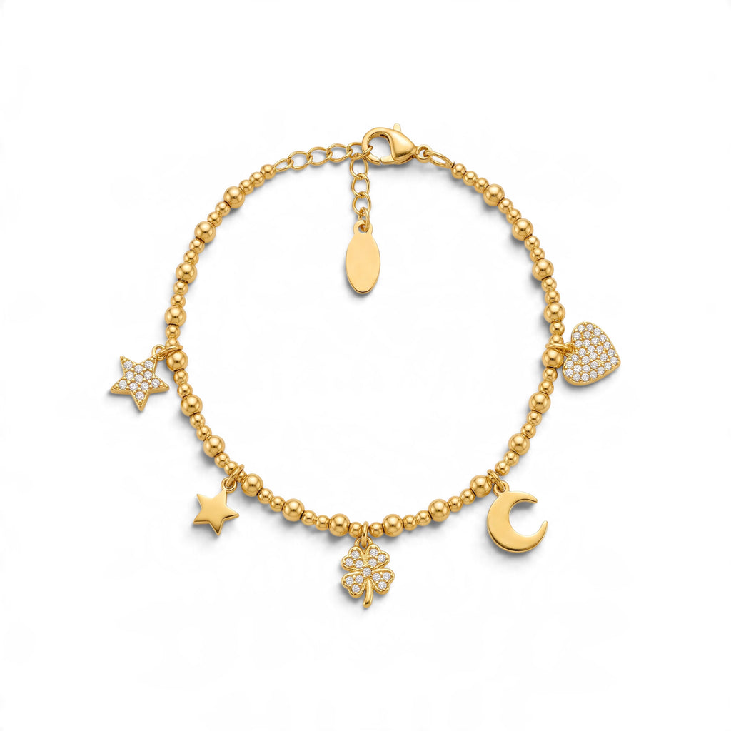 Bracciale con Catena a Sfera e Charm Portafortuna con Zirconi In Acciaio Inossidabile