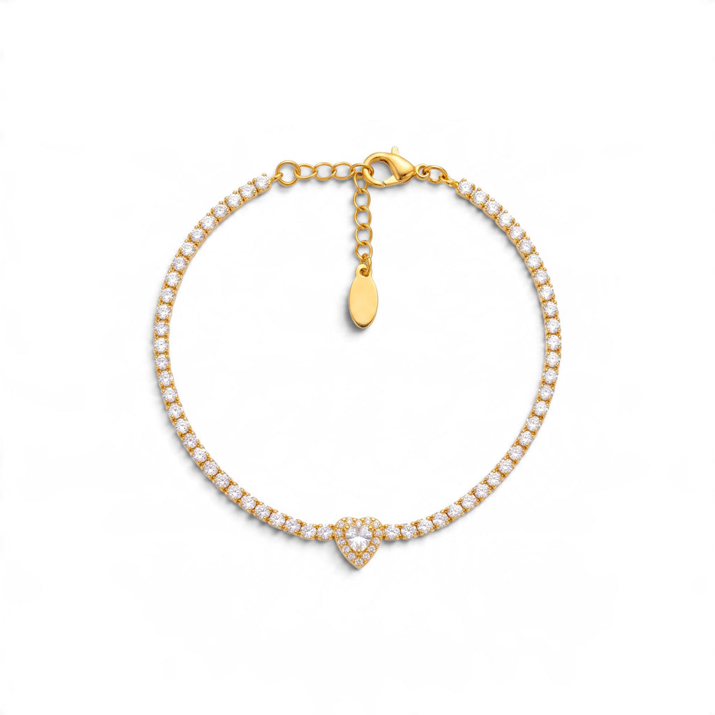 Bracciale Tennis con Zirconi e Charm Cuore Centrale In Acciaio Inossidabile