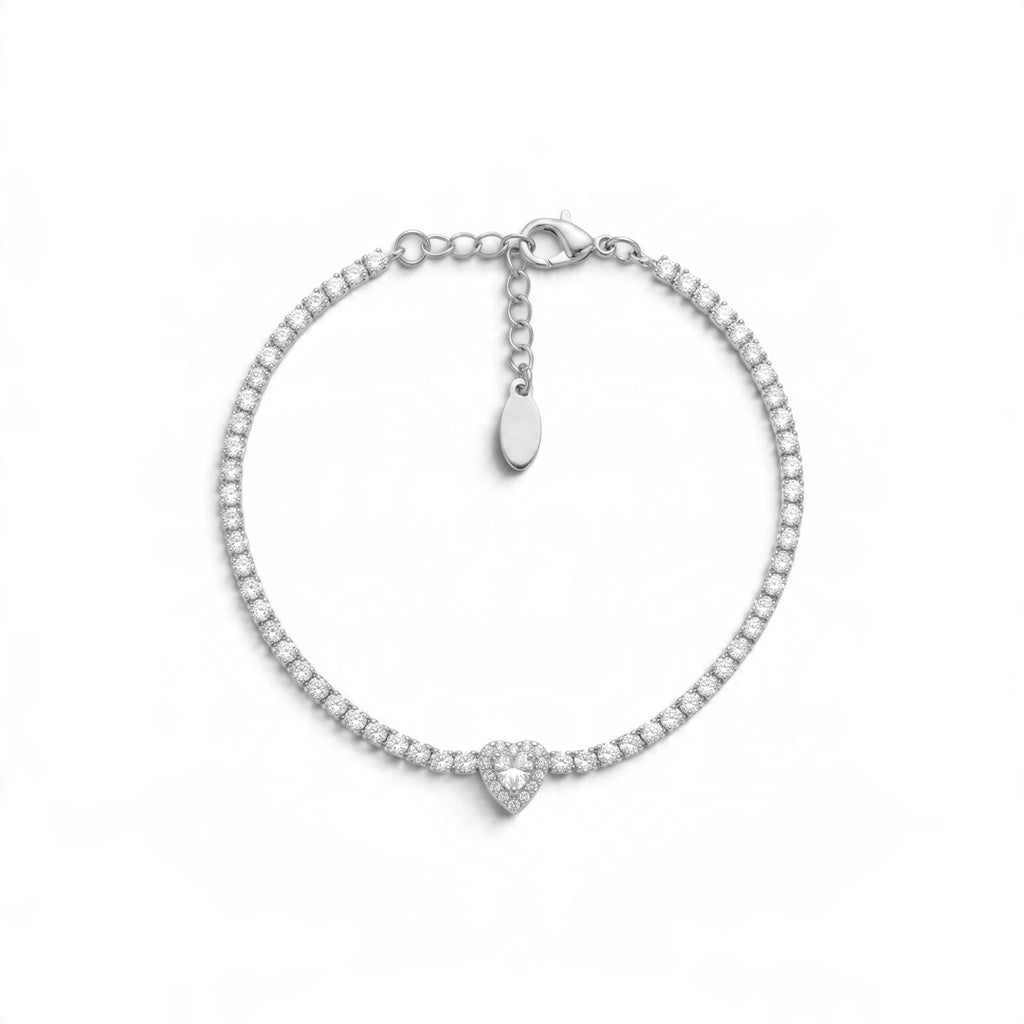 Bracciale Tennis con Zirconi e Charm Cuore Centrale In Acciaio Inossidabile