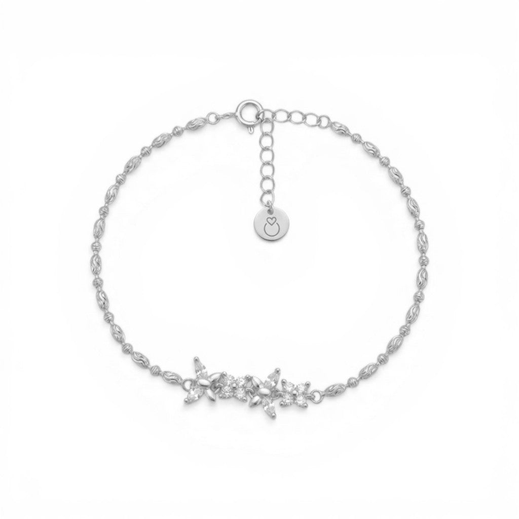 Bracciale Fiori e Farfalle in Pavé e Maglia Chicchi In Argento 925
