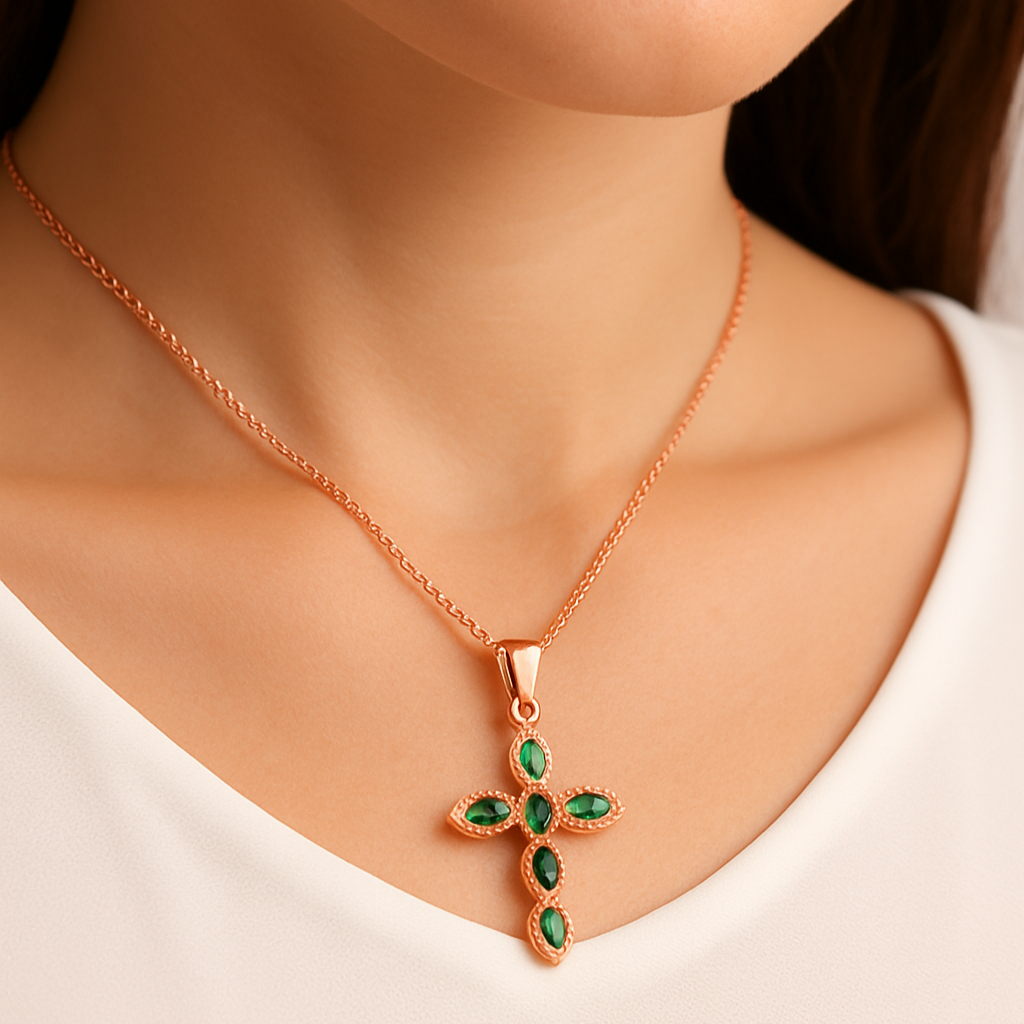 Ciondolo Croce Verde Elegante in Argento