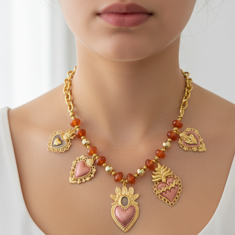 Collana Catena con Charms Sacro Cuore e Perline Color Ambra In Acciaio Inossidabile