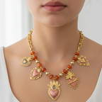 Collana Catena con Charms Sacro Cuore e Perline Color Ambra In Acciaio Inossidabile