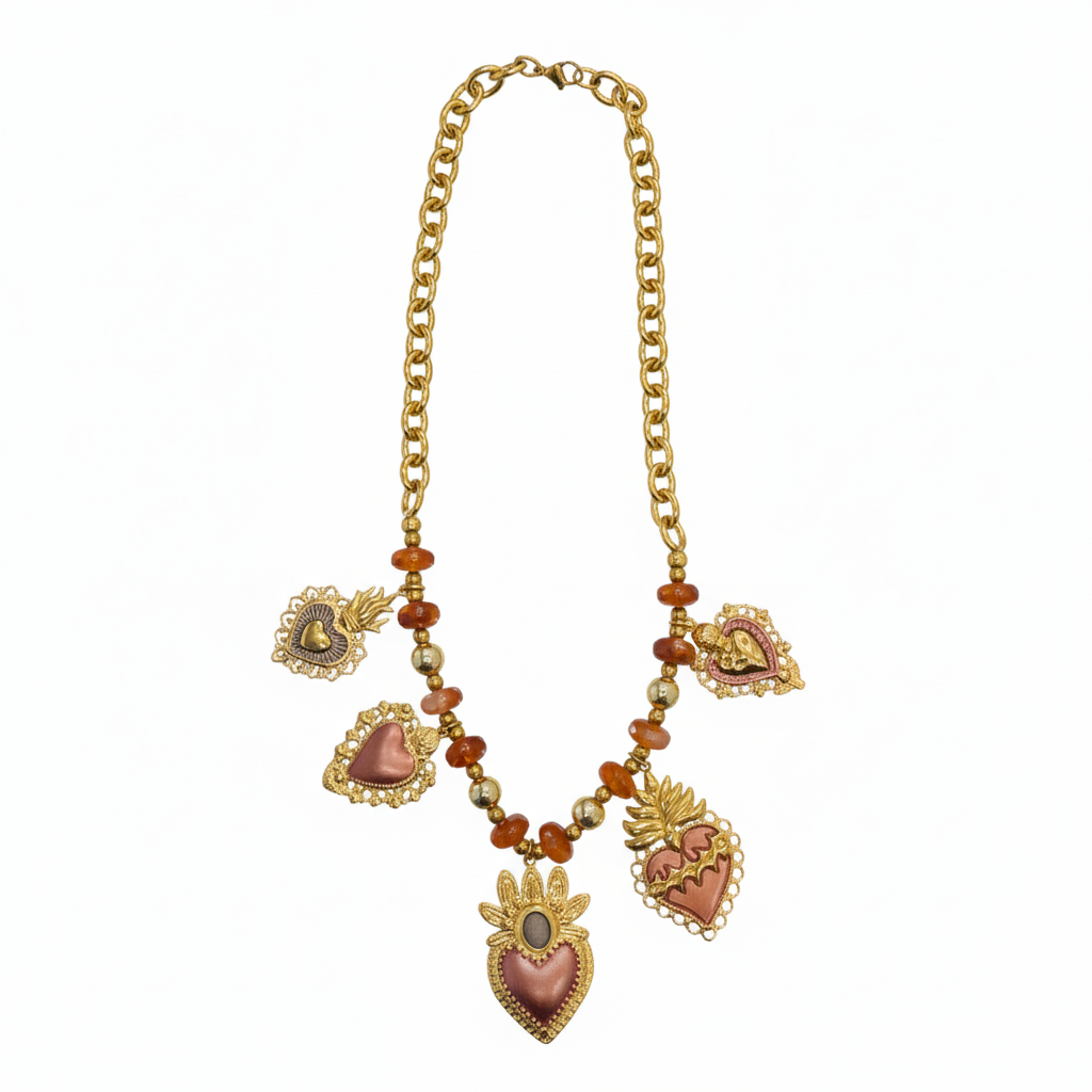 Collana Catena con Charms Sacro Cuore e Perline Color Ambra in Acciaio Inossidabile