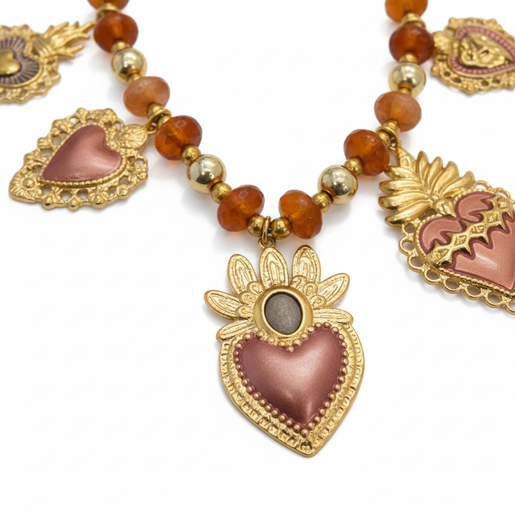 Collana Catena con Charms Sacro Cuore e Perline Color Ambra In Acciaio Inossidabile