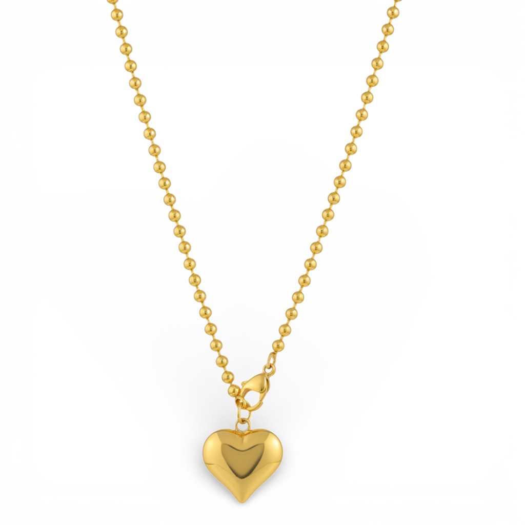 Collana a Palline con Cuore Bombato In Acciaio Inossidabile