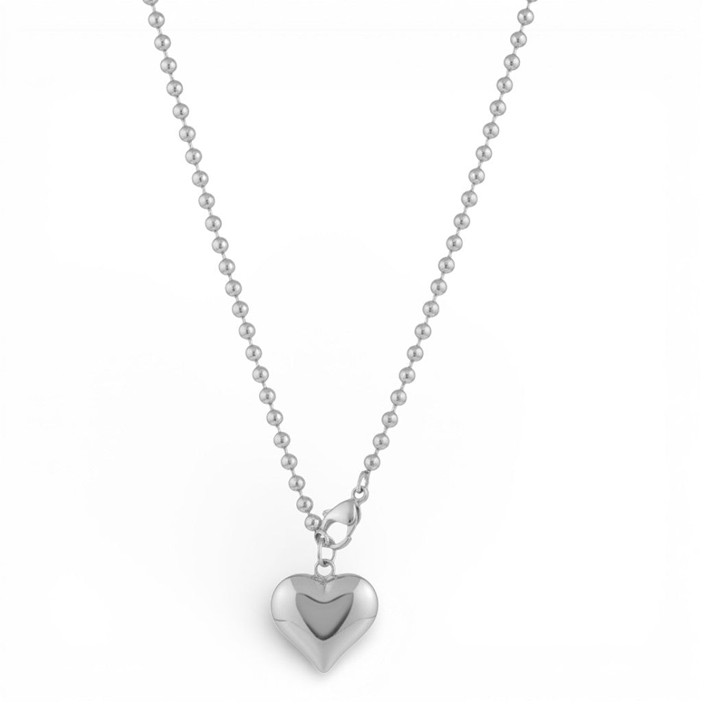 Collana a Palline con Cuore Bombato In Acciaio Inossidabile