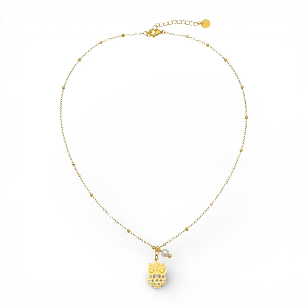 Collana Civetta e Perla In Acciaio Inossidabile
