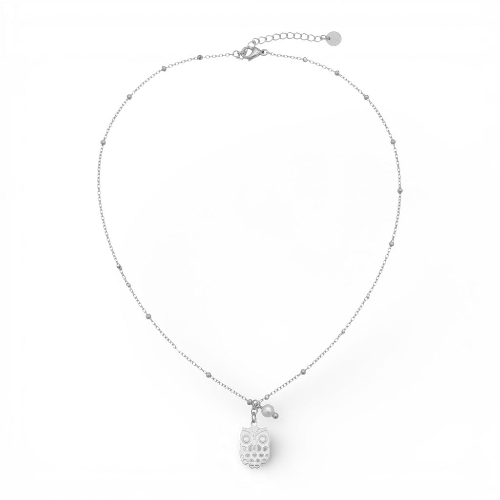 Collana Civetta e Perla In Acciaio Inossidabile