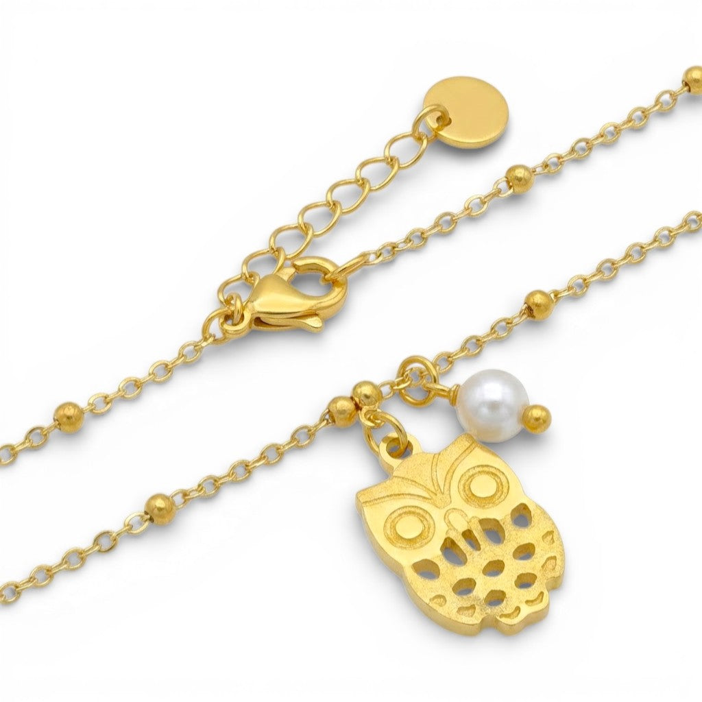 Collana Civetta e Perla In Acciaio Inossidabile