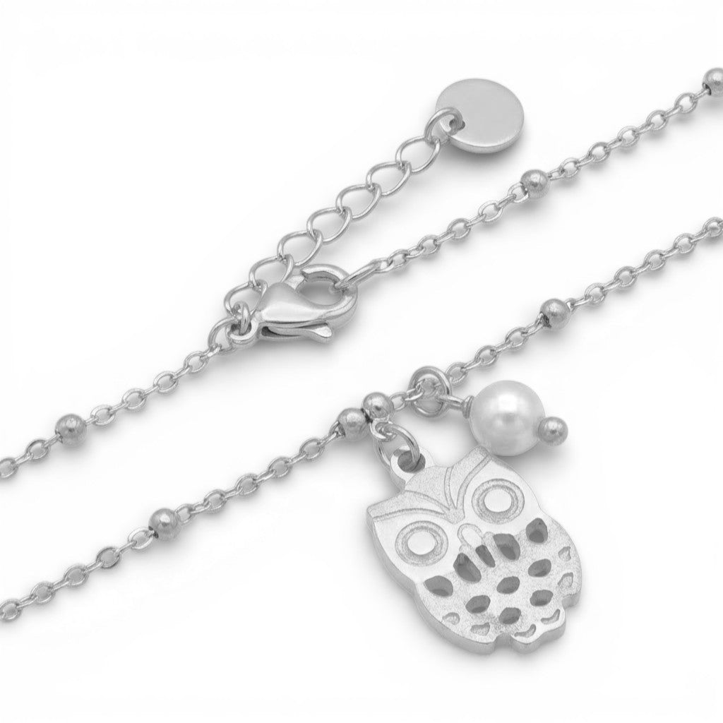 Collana Civetta e Perla In Acciaio Inossidabile