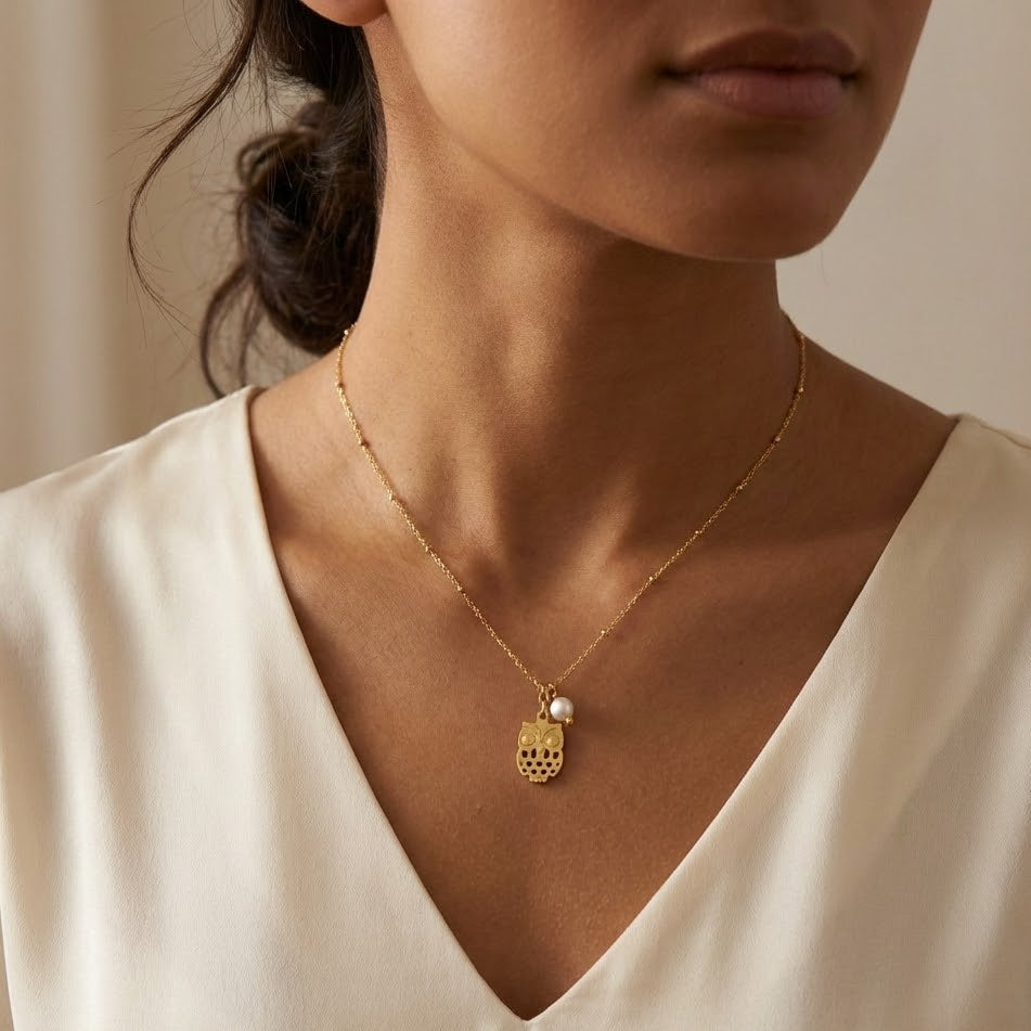 Collana Civetta e Perla In Acciaio Inossidabile