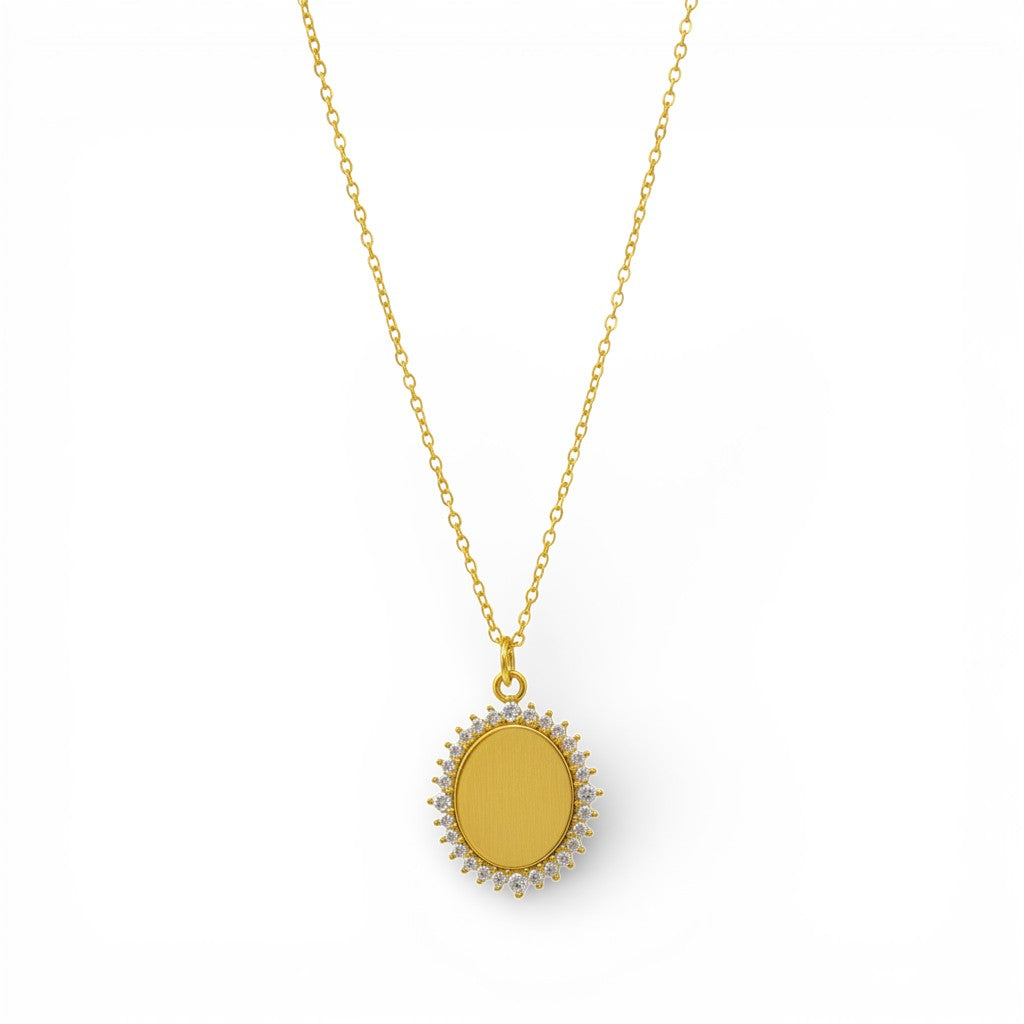 Collana Medaglione Ovale con Cristalli In Acciaio Inossidabile