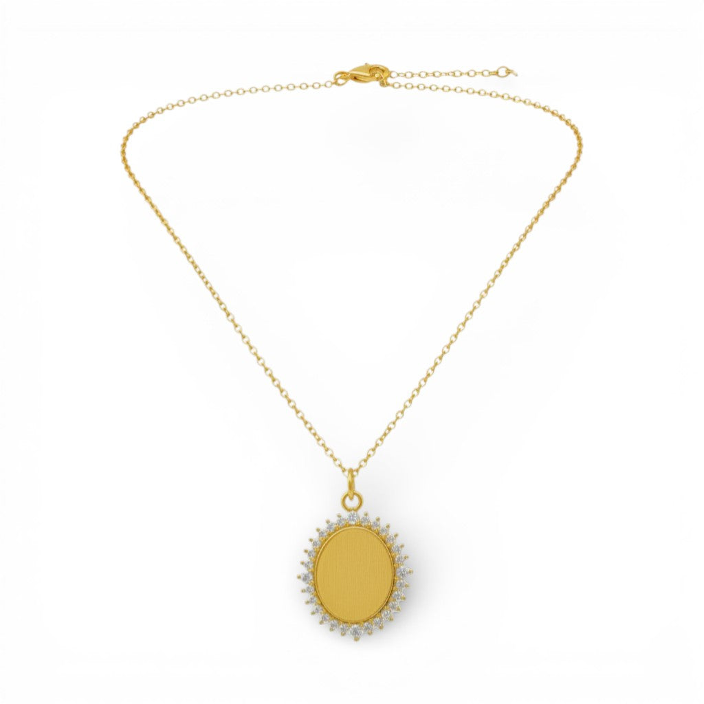 Collana Medaglione Ovale con Cristalli In Acciaio Inossidabile