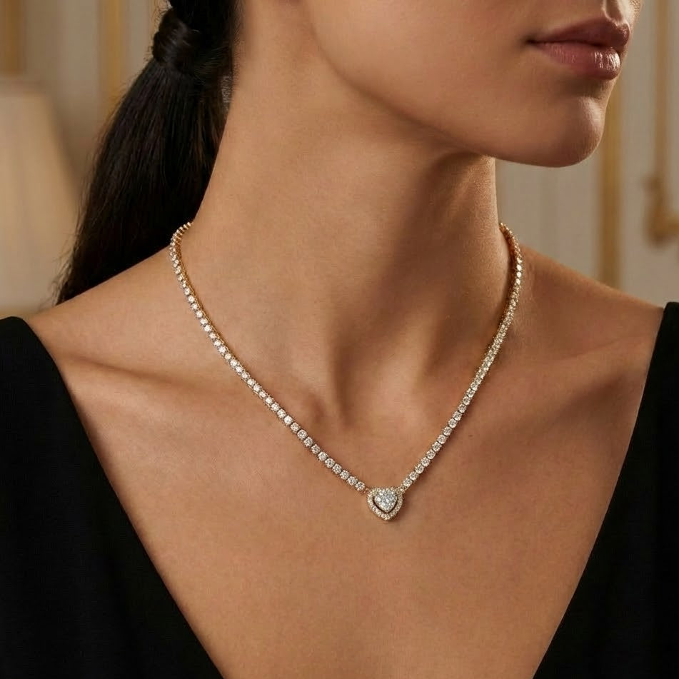 Collana Tennis Con Cuore In Acciaio Inossidabile