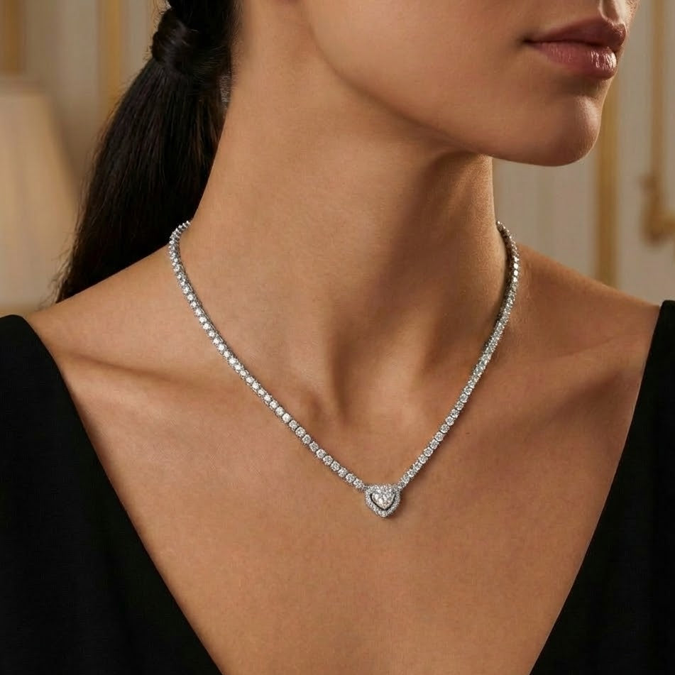 Collana Tennis Con Cuore In Acciaio Inossidabile