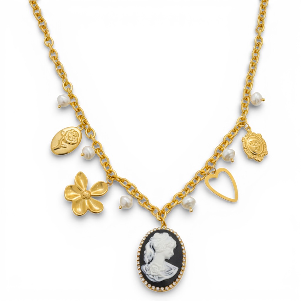 Collana con Cameo e Charms Multisimbolici In Acciaio Inossidabile