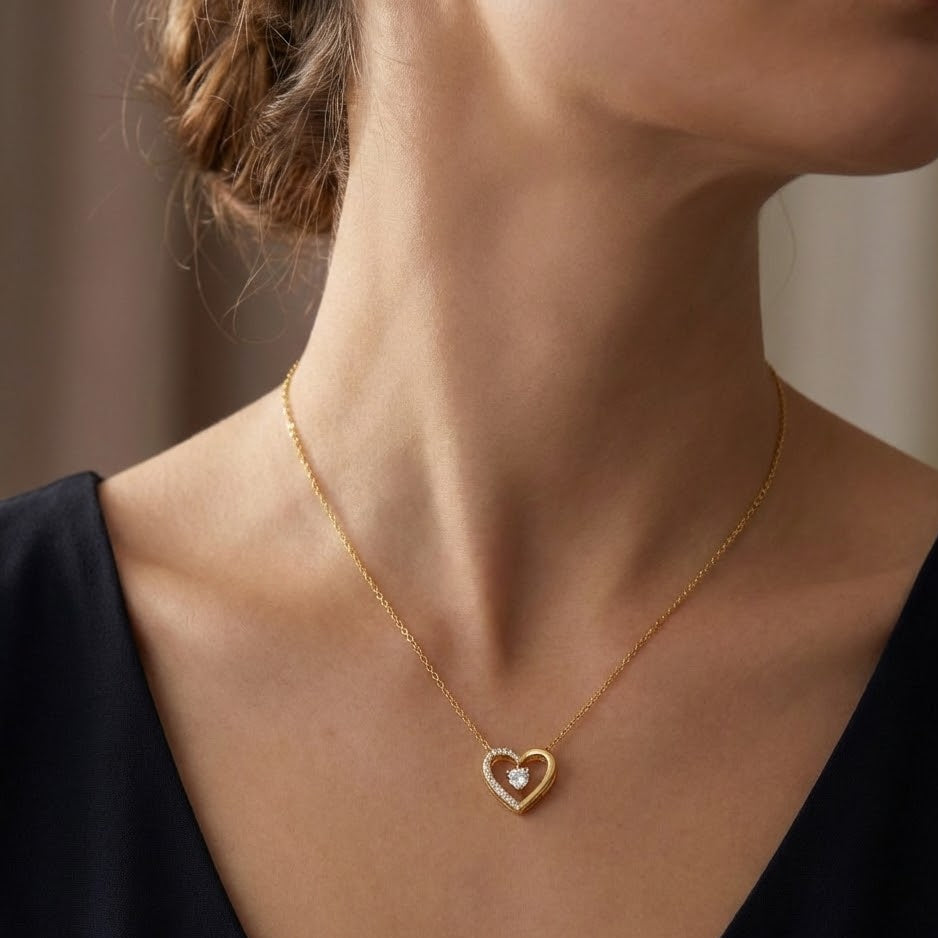 Collana Cuore Doppio con Zirconi In Acciaio Inossidabile