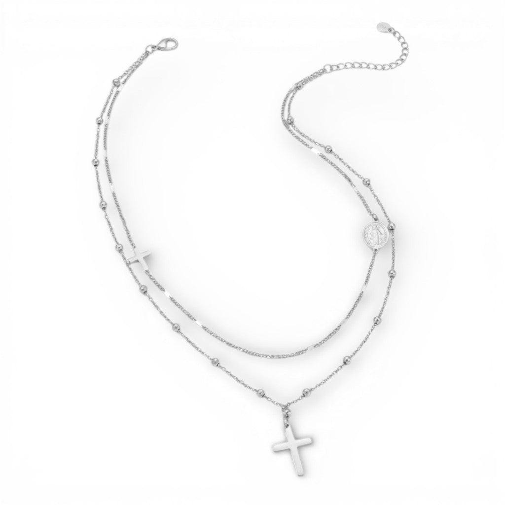 Collana Doppia con Croce e Medaglietta In Acciaio Inossidabile