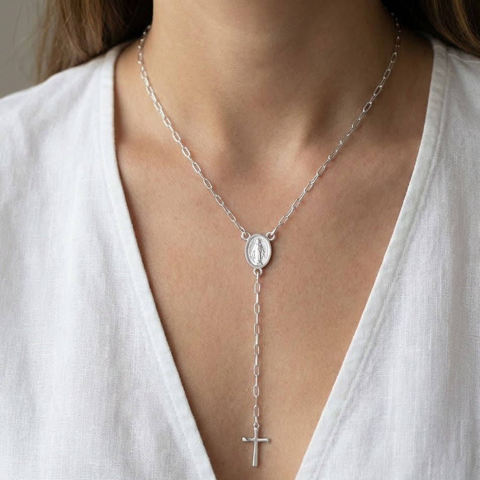 Collana Rosario con Madonna e Croce In Acciaio Inossidabile