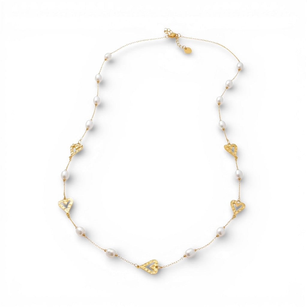 Collana Lunga Perle e Cuori Martellati In Acciaio Inossidabile