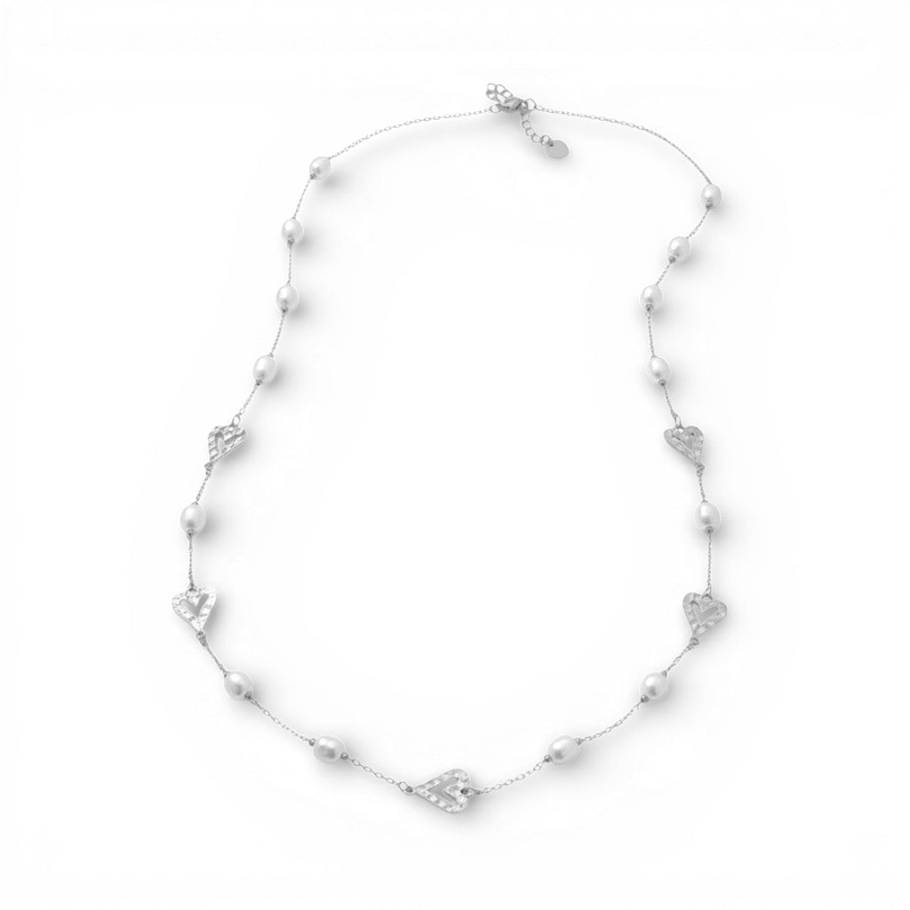 Collana Lunga Perle e Cuori Martellati In Acciaio Inossidabile