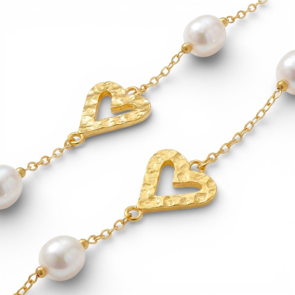 Collana Lunga Perle e Cuori Martellati In Acciaio Inossidabile