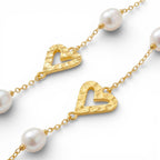 Collana Lunga Perle e Cuori Martellati In Acciaio Inossidabile