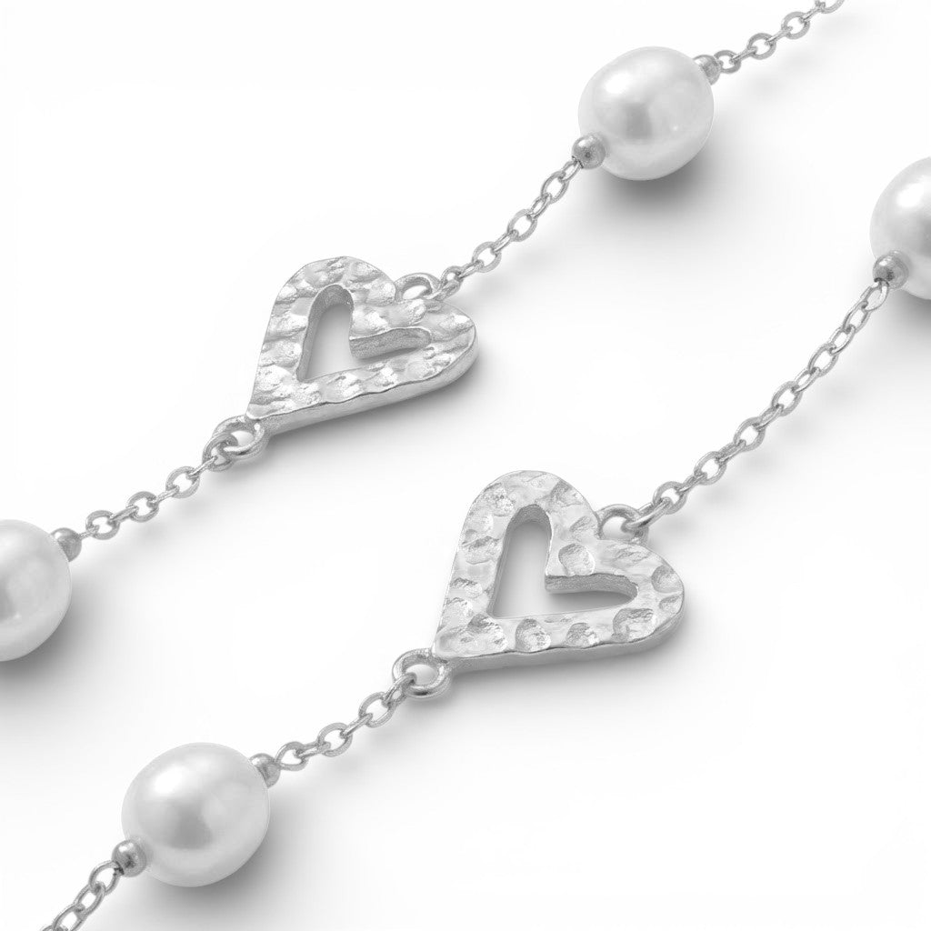 Collana Lunga Perle e Cuori Martellati In Acciaio Inossidabile