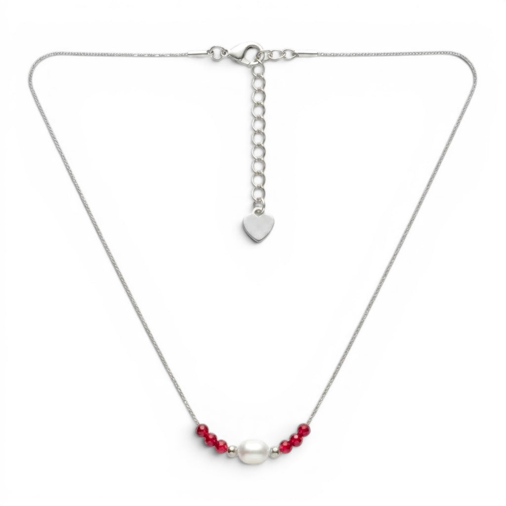 Collana Sottile con Perla Centrale e Cristalli Rossi In Acciaio Inossidabile